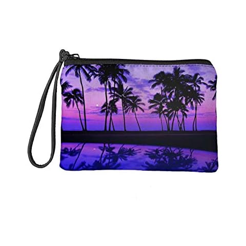 COEQINE Purple Wallet with Zipper Beach Palm Tree Print Coin Purse for Women Keychain Small Pouch Mini Tote Bag Handbag Card Holder Organizer Cover