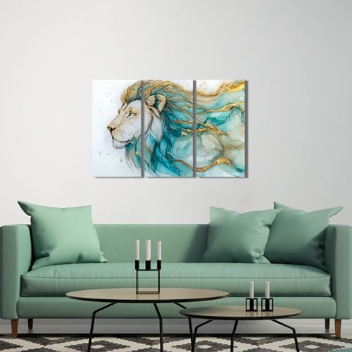 Derkymo 3 Pieces Abstract Lion Animal Wall Art Green Gold Animal Painting Print Marble Canvas Art Modern Giclee Artwork for Home Decoration 16"x32"x3pcs by Derkymo - Used condition - Image 4