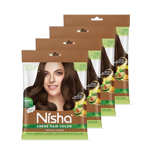 Image of Nisha Cream Permanent Hair Colour for Women & Men, Chocolate Blonde - 100% Grey Coverage, Long Lasting Hair Dye, Deep Shine & Conditioning with Natural Herbs, 50g (Pack of 4)