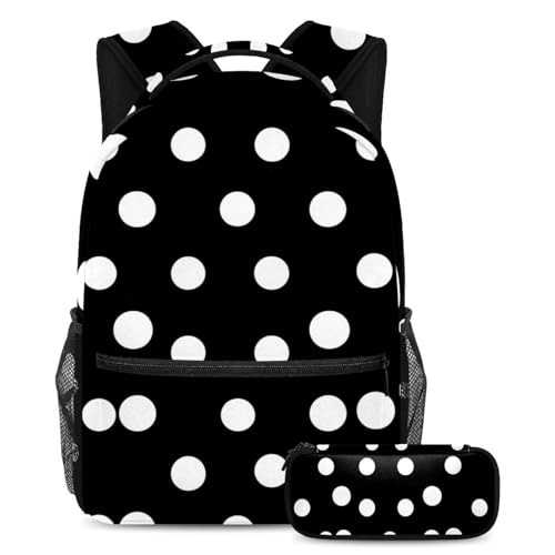 Cartable enfant petits pois noirs et blancs grand sac à dos avec trousse