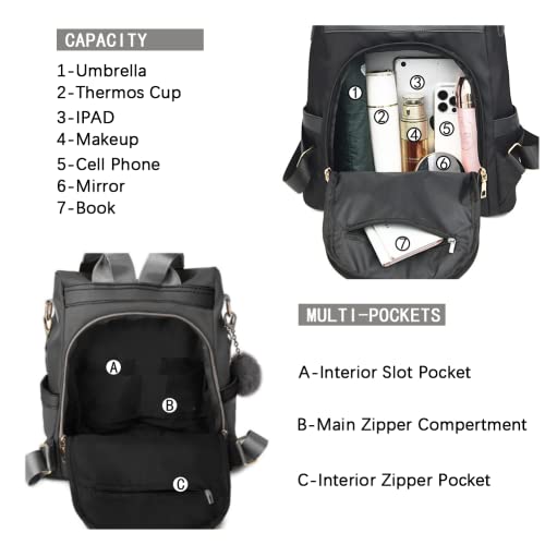 Karani Backpack Purse For Women Anti-Theft, Water-Resistant Nylon Travel Purse Shoulder Bag With Detachable Strap (Black) #TOP4