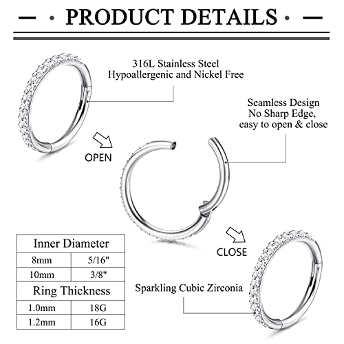 Jstyle 5Pcs 18G 16G Surgical Steel Nose Rings Hoop for Women Opal CZ Clicker Hinged Septum Nose Ring Lip Helix Cartilage Hoop Earring Daith Rook Conch Piercing Jewelry for Women 8mm 10mm2