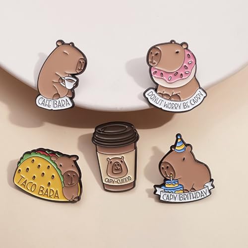 Image of 5Pcs Cartoon Capybara pin, Cute Animal Enamel Pin, Birthday Cake Donut Coffee Corn Roll Lapel Pin Alloy Backpack Pin Enamel Badge Suitable for Daily Decoration Clothes Sweater Hat Bag Collection Party Gift