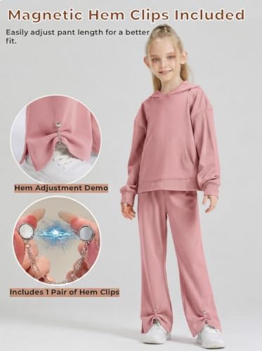 Image of Girls 2 Piece Hoodie Bell Bottom Sweatsuit Fall Outfit Set | Long Sleeve,front pocket,side-slit flare,machine washable,soft rayon-blend,skin-friendly,stretchy,durable