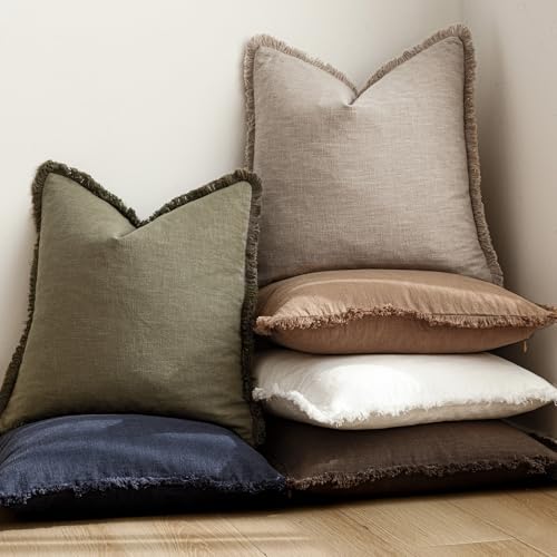 Image of Foindtower Set of 2 Decorative Linen Fringe Throw Pillow Covers Boho Farmhouse Cushion Cover with Tassels Soft Accent Pillowcase for Couch Sofa Bed Living Room Home Decor,26x26 Inch,Natural Linen
