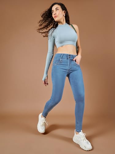 Image of Miss Chase Women's Skinny High Rise Cropped Fringed Hemline Detailing Stretchable Denim Jeans