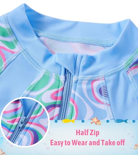 Image of Girls Long Sleeve Rashguard Half Zip Swimsuits UPF 50+ Two Piece Swim Sets with Hairband 5-12Y | Two Piece Swim Sets with Hairband