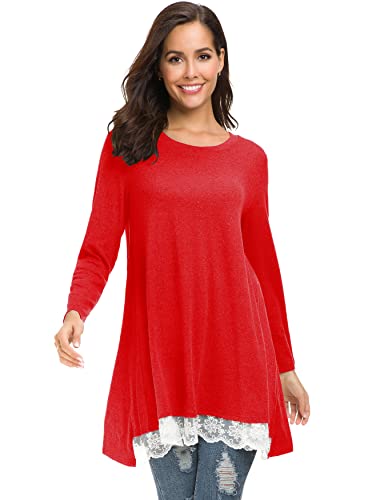 Afibi Women Lace Long Sleeve A-Line Swing T-Shirt Loose Tunic Top Blouse (Xx-Large, Red) #TOP2