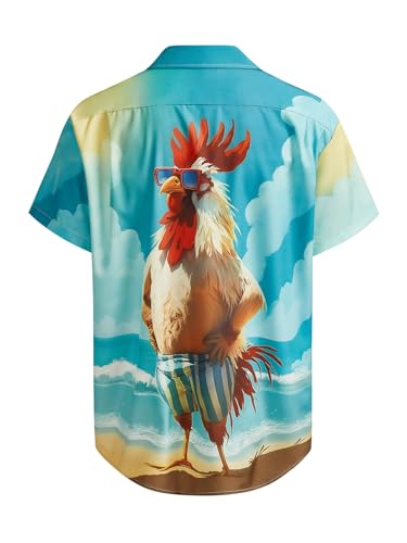 Hardaddy Men's Gongfu Rooster Chest Pocket Printed Short Sleeve Button Down Summer Casual Shirt2