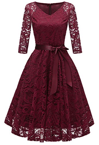 JIER Damen Langarm Spitzenkleid Cocktailkleid Hochzeit Abendkleider Brautjungfernkleid Elegant Spitzenkleider Knielang Cocktailkleid Swing Kleid...