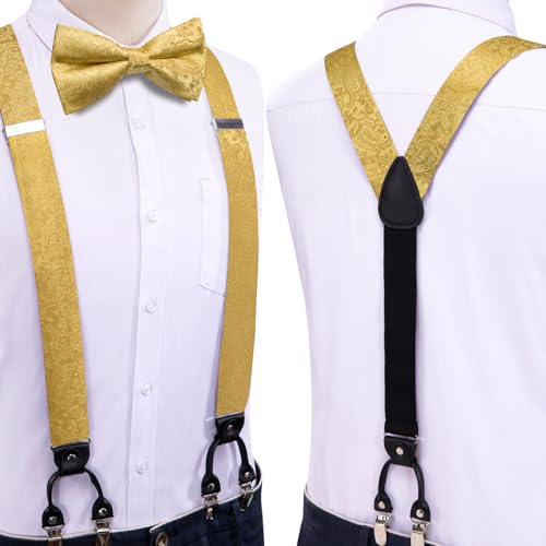 Image of Dubulle Suspender and Bow Tie for Men Paisley Solid Mens Suit Braces Pretied Bowtie and Handkerchief Cufflinks Formal Wedding