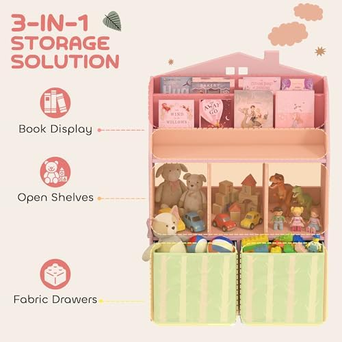 Qaba Kids Bookshelf with Toy Storage, Children's Bookcase with Book Display, Shelves and Fabric Drawers, Toy Organizer for Playroom and Nursery, Pink — view 3