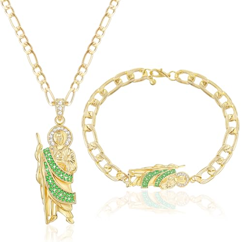 2 Pcs Gold Plated Green San Judas Tadeo Necklace and Bracelet Set Stainless Steel San Judas Cadena Oro Laminado Pendant Saint Jude Bracelet Necklace