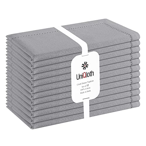 Set of 12 Hemstitch Cloth Dinner Napkins Cotton – Soft Durable Washable Reusable – Ideal for Farmhouse Parties Weddings Holidays Hotel Restaurant Daily Use Table Dinner Napkins 18×18 Grey