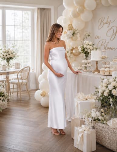 Image of Realtix Summer Satin Strapless Backless Maxi Dress for Women Wedding Guest