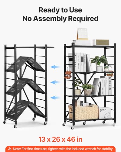 Image of VEVOR 4-Tier Foldable Storage Shelf, 26W x 13D x 46H Inch Folding Metal Rack Shelving Unit, No Assembly Organizer Shelf with 5 Wheels & 4 Hooks for Pantry, Kitchen, Garage, Basement, Black