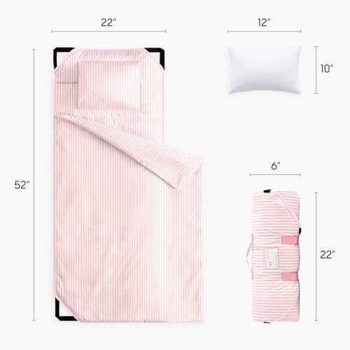 Image of Wake In Cloud - Cot Nap Mat with Pillow and Blanket, 100% Cotton Fabric, for Toddler Kids Boys Girls Ages 3 Plus in Daycare Kindergarten Preschool, Ticking Stripes