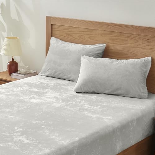 BEDELITE Velvet Fitted Sheet and Pillowcase Set, Luxury Soft Fuzzy Bottom Sheet with Reinforced Elastic Corner Straps, Deep Pocket up to 15 Inch, 1 Fitted Sheet and 1 Pillowcase (Twin XL, Light Grey)
