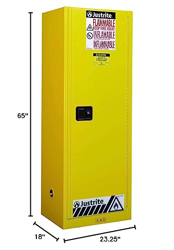 Justrite 892220 Sure-Grip Ex 22 Gallon, 65" H X 23-1/4" W X 18" D, 1 Door, 3 Shelf, Self-Close Yellow Slimline Flammable Storage Cabinet #TOP2