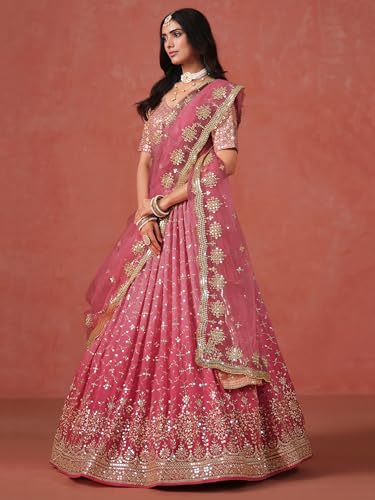 Image of Zeel Clothing Women Georgette Semi stitched Sequins Zari Embroidered Lehenga Choli With Dupatta (7086-Latest, Free size)