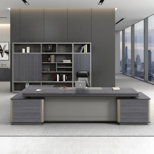 Image of Premium Modern L-Shaped Director Table with Matte Grey Wood Finish, Built-in Wire Managert & Executive Contemporary Design (LDL-762 MDFL L6W3)