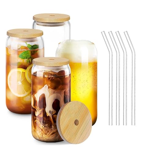 Image of ANKUL Water Soda Drinking Glass Sipper Tumbler Cup for Tea and Coffee Can Mug with Wooden Lid and Straw Set of 2-510ml for Fruit Juice Milk Glass Sipper Tumbler Cup (Round Mug Wooden Lid, 2)