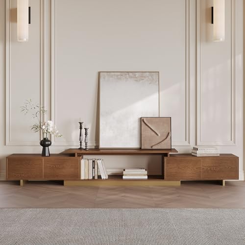 Homary Meuble TV Bois Extensible en Blanc Table TV Moderne pour Salon avec Base Dorée et Rangement 160 cm - 240 cm (Noyer)