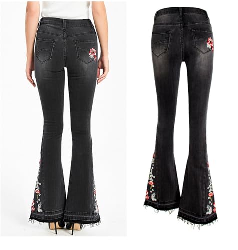 Andongnywell Ladies Embroidered Flared Jeans Women's Floral Embroidery Bell Bottom Denim Pants Trousers3