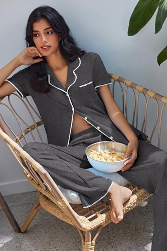 Image of Ekouaer Pajamas for Women Set Button Up Soft Pjs Short Sleeve 2 Piece Lounge Sets Comfy Sleepwear
