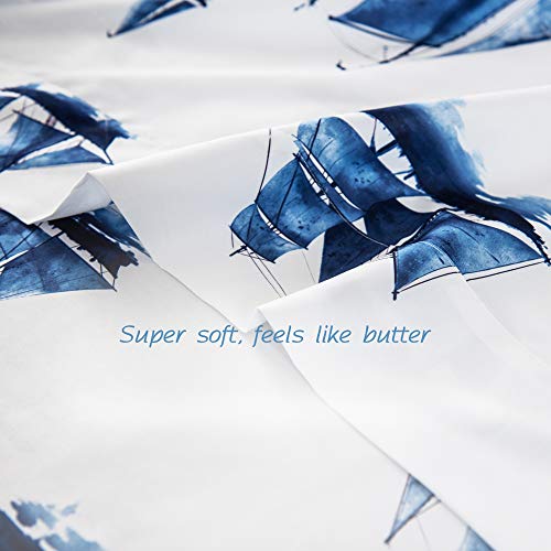 Driftaway Harbor Sailboat Ocean Printed Pattern Extra Soft Bed Sheet Set Navy 4 Piece Queen Set #TOP2