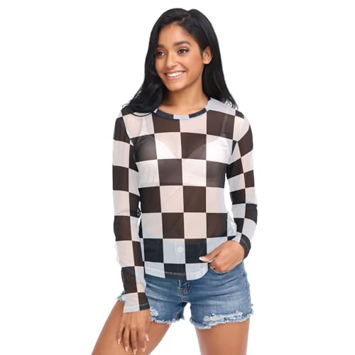 トップス SHEER PLAID VOLUME SLEEVE TOPS J JOYSAY Checkerboard Plaid See Through Tops for Women Mesh Sheer
