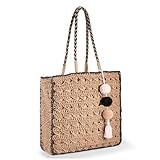 YXILEE Straw Tote Bag for Women - Summer Beach Bag Foldable Woven Tote Bags with Pom Ball tassel - M Size Womens Crochet Straw Shoulder bag for Pool Travel Vacation