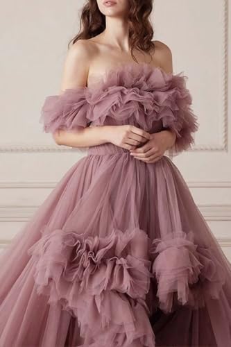 High Low Tulle Prom Dresses Off Shoulder Ruffles Ball Gown A Line Puffy Formal Evening Party Gown with Train4