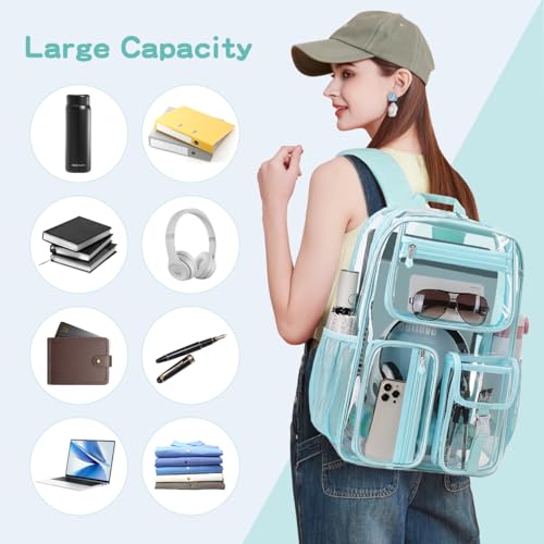 Image of Clear Backpack Heavy Duty For Stadiums Events,Light Blue 16inch TPU BookBag | See Through Plastic Stitch Durable Design 6-Pocket For School Boys Adults work Airport Quick Security,Large capacity backpack