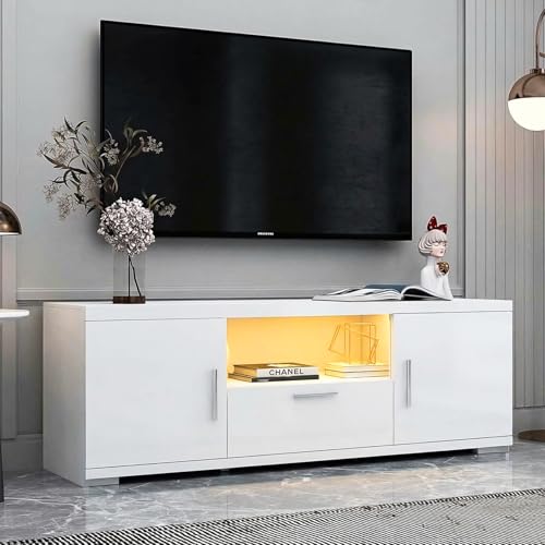 guiogc LED TV Stand for 32–55 Inch TVs – 51 Modern Entertainment Center with RGB Lights, Glass Shelves & Large Storage Cabinet, White Media Console for Living Room or Bedroom Setup