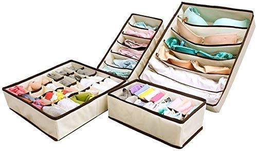 Image of Wardrobe Organiser Set of 4 collapsible innerwear closet wardrobe cabinet clothes drawer underwear divider for belt, tie, lingerie (Beige)