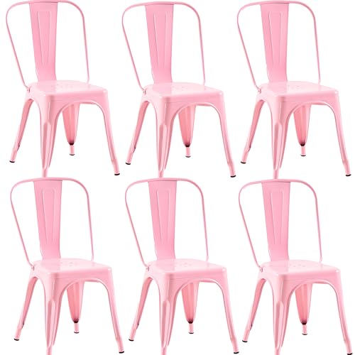 Image of Metal Dining Chairs with Backrest, Stackable, Pink, 6 Pack | Easy Assembly, Non-Slip Feet, 330 lb Capacity, Kitchen, Restaurant, Cafe, Pub, Covered Patio