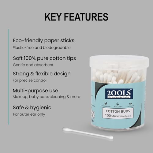 Image of Cotton Buds, Gentle Cotton Swabs for Personal Hygiene and Beauty - 100 Sticks (200 Swabs) (TSCS8001, Pack of 2)