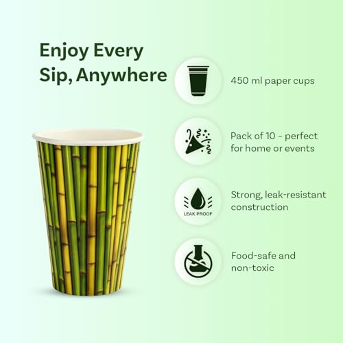 Image of Paper Cups 25 Pcs, Disposable Cups, 450 ML Hot & Cold Beverage Juice, Cofee, Water Cups for Parties, Events, Offices, and Homes, Bamboo Print