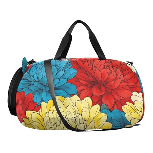 Kids Sports Duffel Bag for Boys & Girls - Colorful Floral Chrysanthemum Pattern 100% Polyester Gym Bag with Separate Shoe Compartment, Adjustable Shoulder Strap, Compact Travel & Workout Gea2