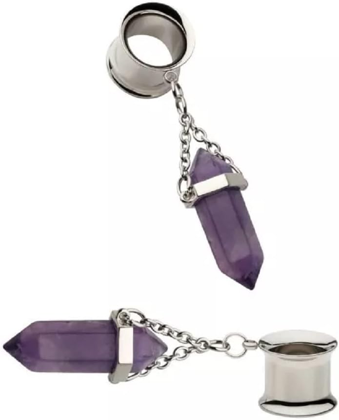 Pierced Owl 316L Stainless Steel Dangling Amethyst Stone Double Flared Tunnel Plugs, Sold as a Pair