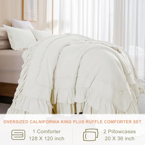 Image of QSH Oversized King Ruffle Comforter 128x120,3PCs Ivory Farmhouse Lightweight Ruffled Bed Comforter Set Soft Microfiber Shabby Boho Chic California King Bed Comforter Set French Country Bedding