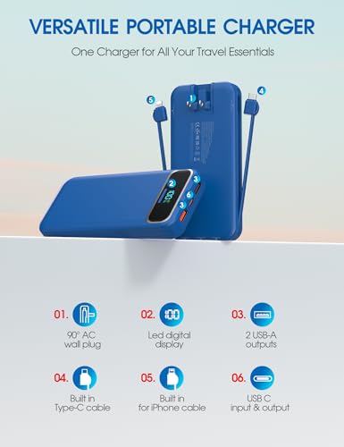 Image of Nusyddy Portable Charger 12000mAh 22.5W w /Built-in Cables & Wall Plug Navy | 22.5W Fast Charging, LED Display, Pass Through Charging, TSA Approved, Portable & Slim, Power Bank for iPhone, iPad, Samsung