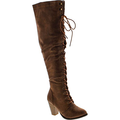 Forever Camila-48 Womens Chunky Heel Lace Up Over The Knee High Riding Boots,Tan,6