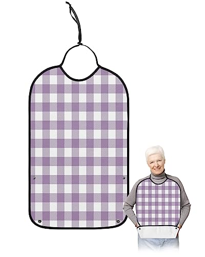 Purple Checkered Adult Bibs for Eating, Waterproof Bibs with Food Catcher & Adjustable Snap Closure, Farmhouse White Buffalo Plaid Washable Clothing Protectors Adult Bibs for Elderly Women/Men