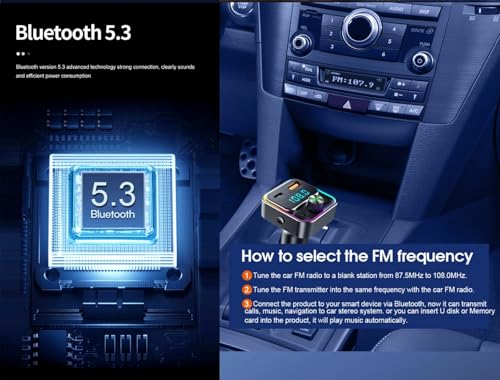 Image of VeeDee T60 Bluetooth 5.3 FM Transmitter Car Adapter 48W (PD 30W & 18W), 2 LED Light Modes, USB Port, Light Switch, Wireless FM Radio Transmitter, Supports MP3 Player, Handsfree Calling