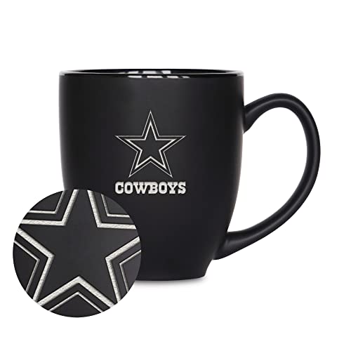 Rico Industries NFL Football Dallas Cowboys Main 15oz Laser Engraved Matte Black Ceramic Bistro Mug - for Hot or Cold Drinks