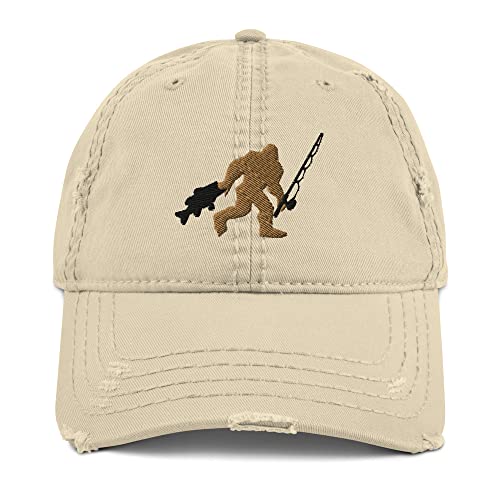 BASSQUATCH Fishing HAT - Bigfoot Distressed Dad Hat Khaki One Size