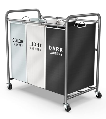 ROMOON Trieur à linge à 3 sections avec roulettes, panier à linge à roulettes avec grande capacité et sacs amovibles pour le rangement des vêtements,...