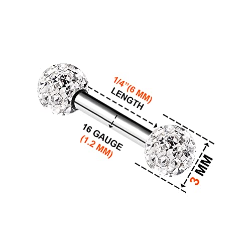 2Pcs Stainless Steel Straight Barbell 16 Gauge 1/4" 6Mm 3Mm Clear Crystal Ball Lobe Earrings Cartilage Piercing Jewelry 8349 #TOP1